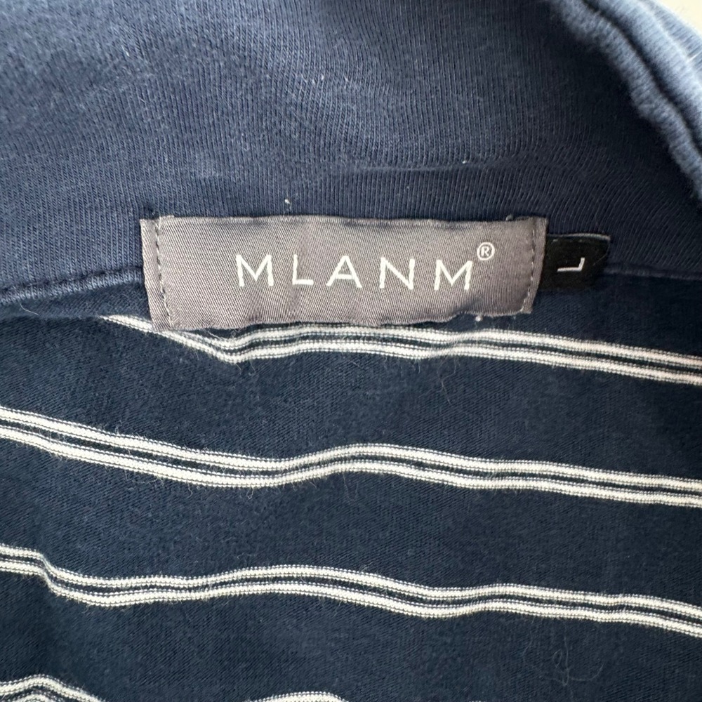 MLANM Men's Long Sleeve Navy Blue White Stripe Polo Shirt Size L Casual - Picture 2 of 2
